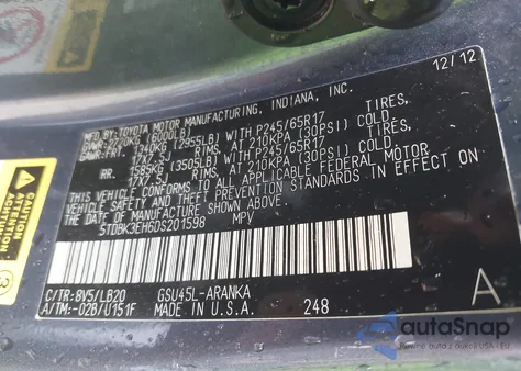 2013 Toyota Highlander Se V6 из США, поврежденный, VIN 5TDBK3EH6DS201598